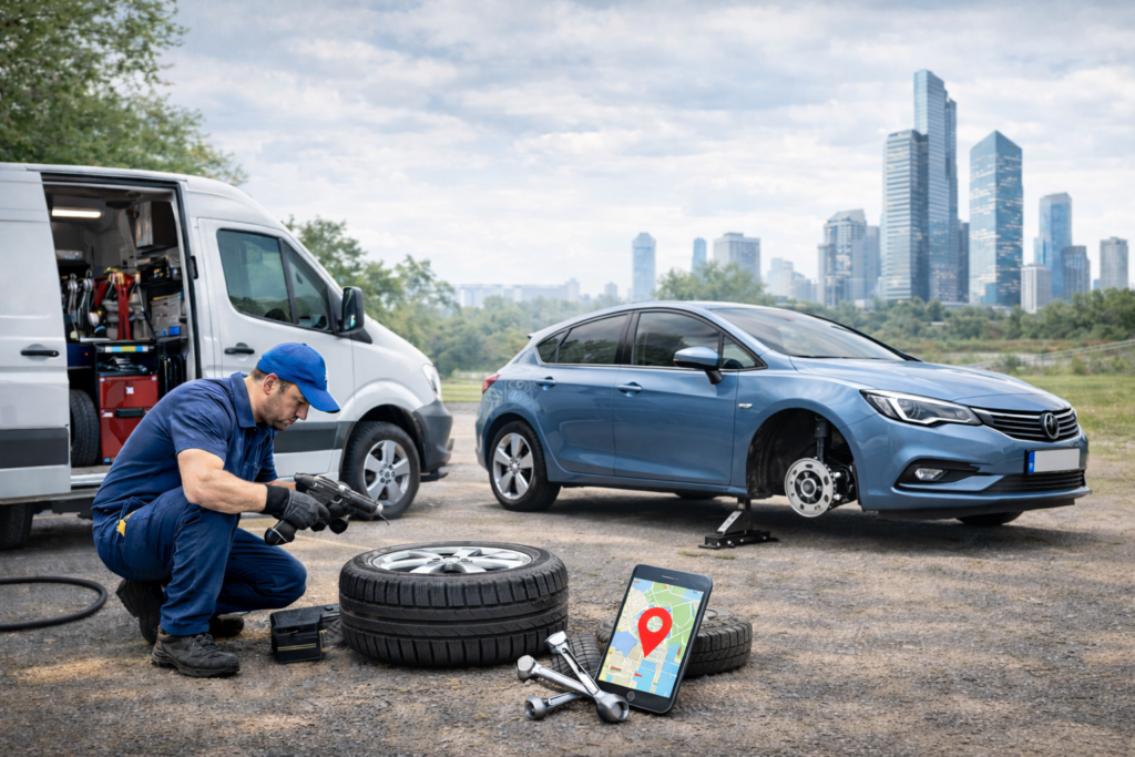 Mobile tyre technician changing a car tyre at home, debunking common mobile tyre fitting myths in the UK.