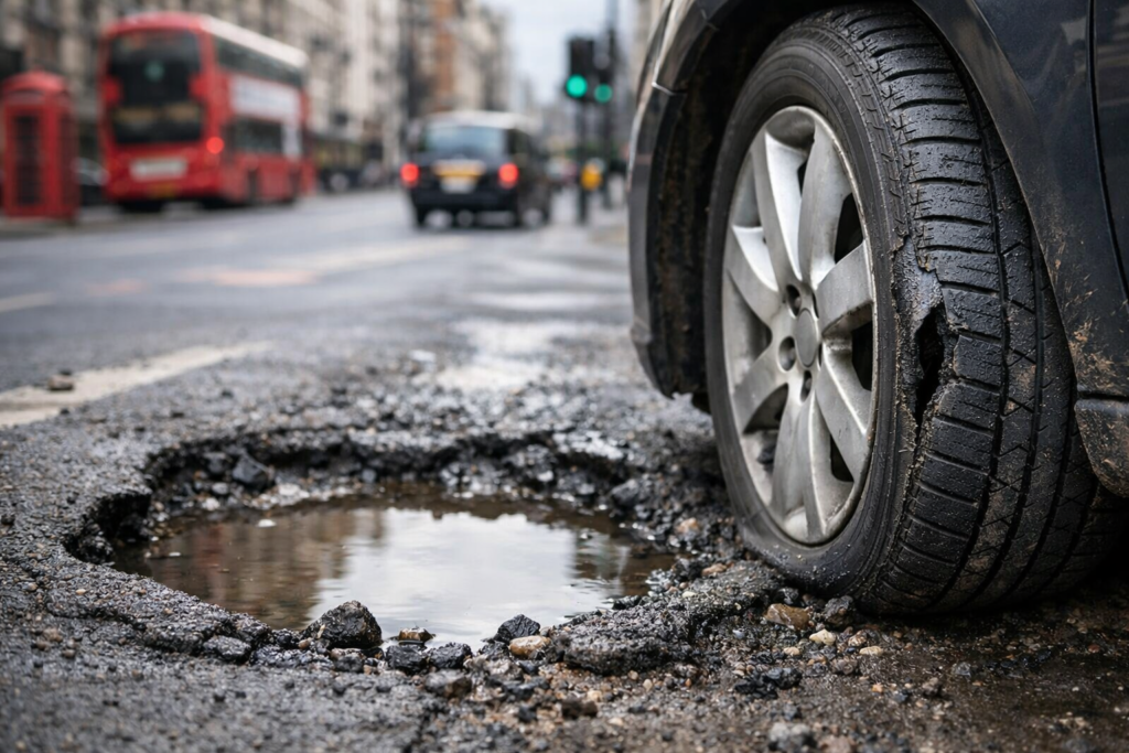 Pothole damage to tyres in London showing a cracked and bulging car tyre beside a large water-filled pothole on a rainy city street with a red bus in the background.