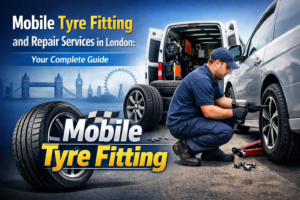 Mobile tyre fitting service technician replacing car tyre at roadside in London