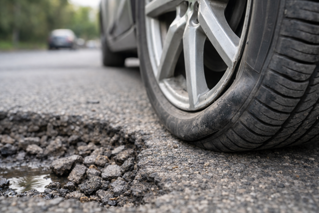 Close-up of pothole damage to your tyre or rim showing a flat tire and bent alloy wheel on a rough damaged road